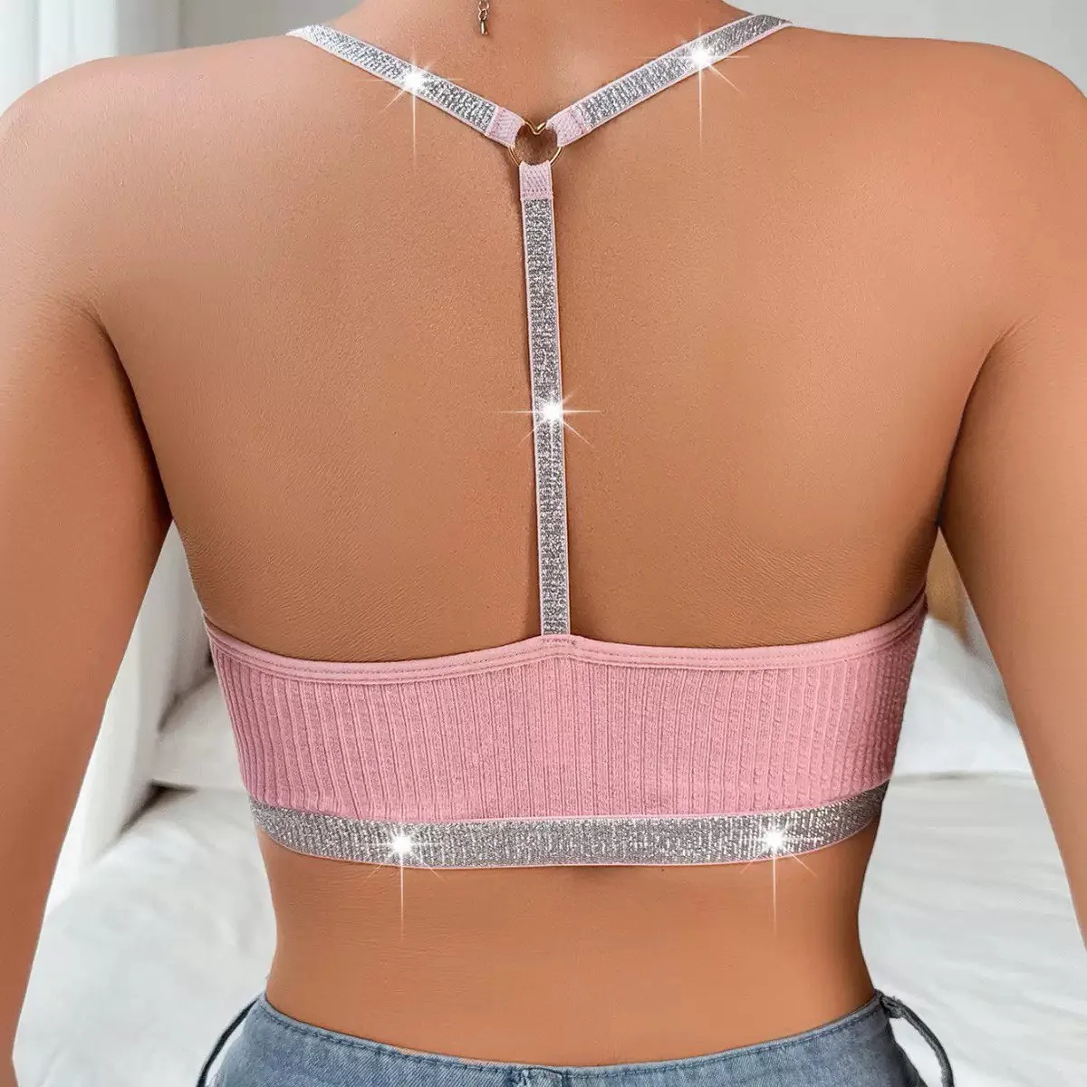 Cami Shiny Floral Crop Tops Lace Bralette Glitter Strap Bra