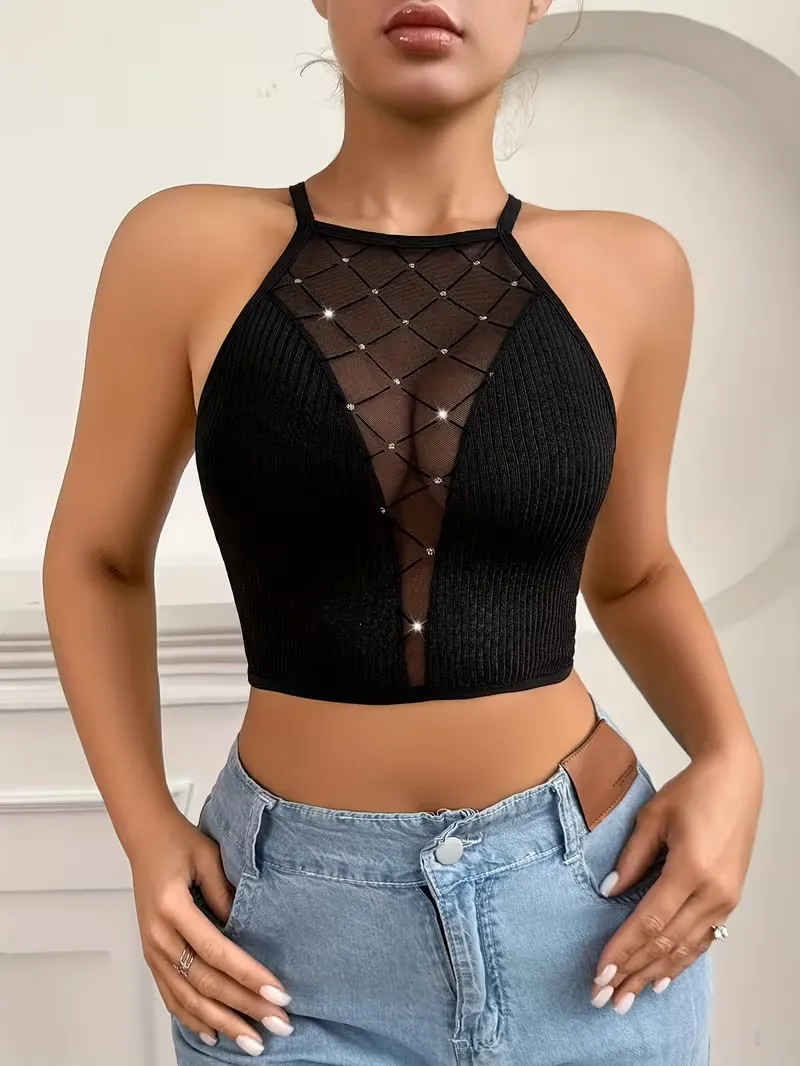 sheer mesh splicing sparkly backless bra