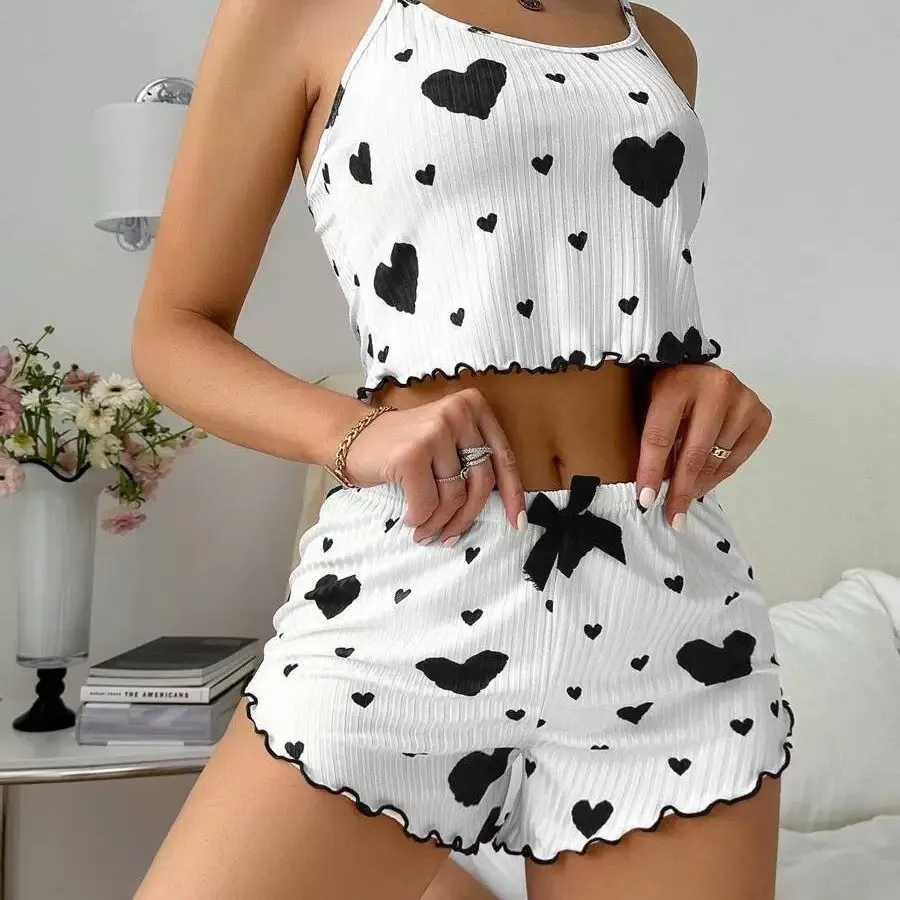 heart printed cami short pajama set
