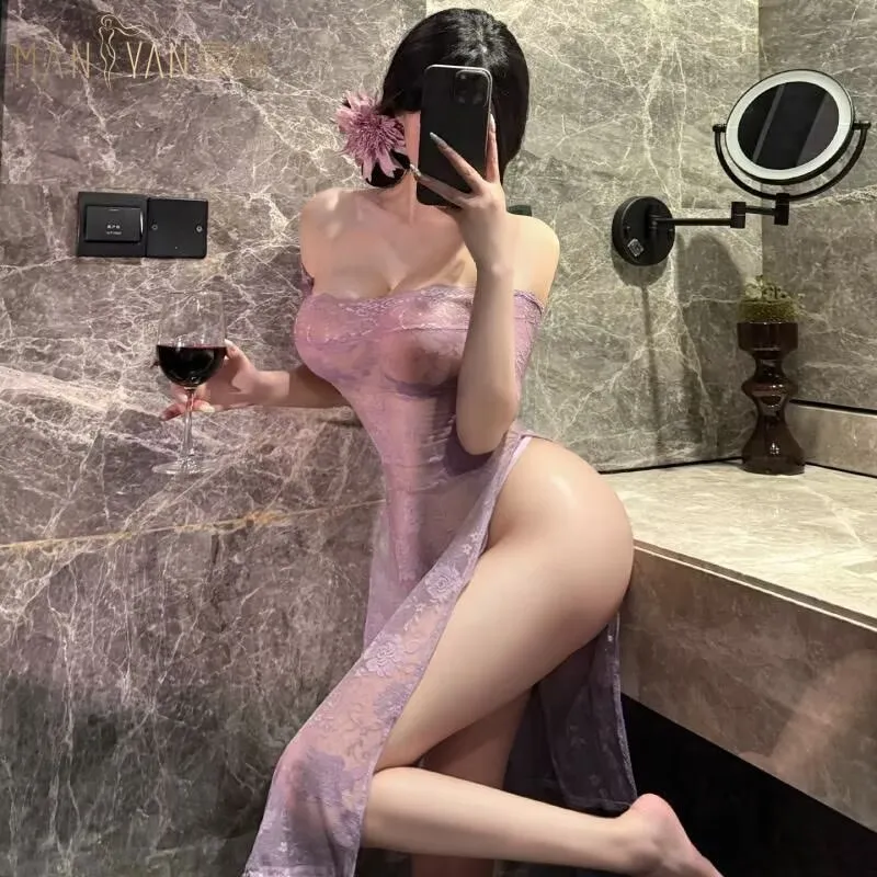 purple lace sheer off-shoulder nightdress