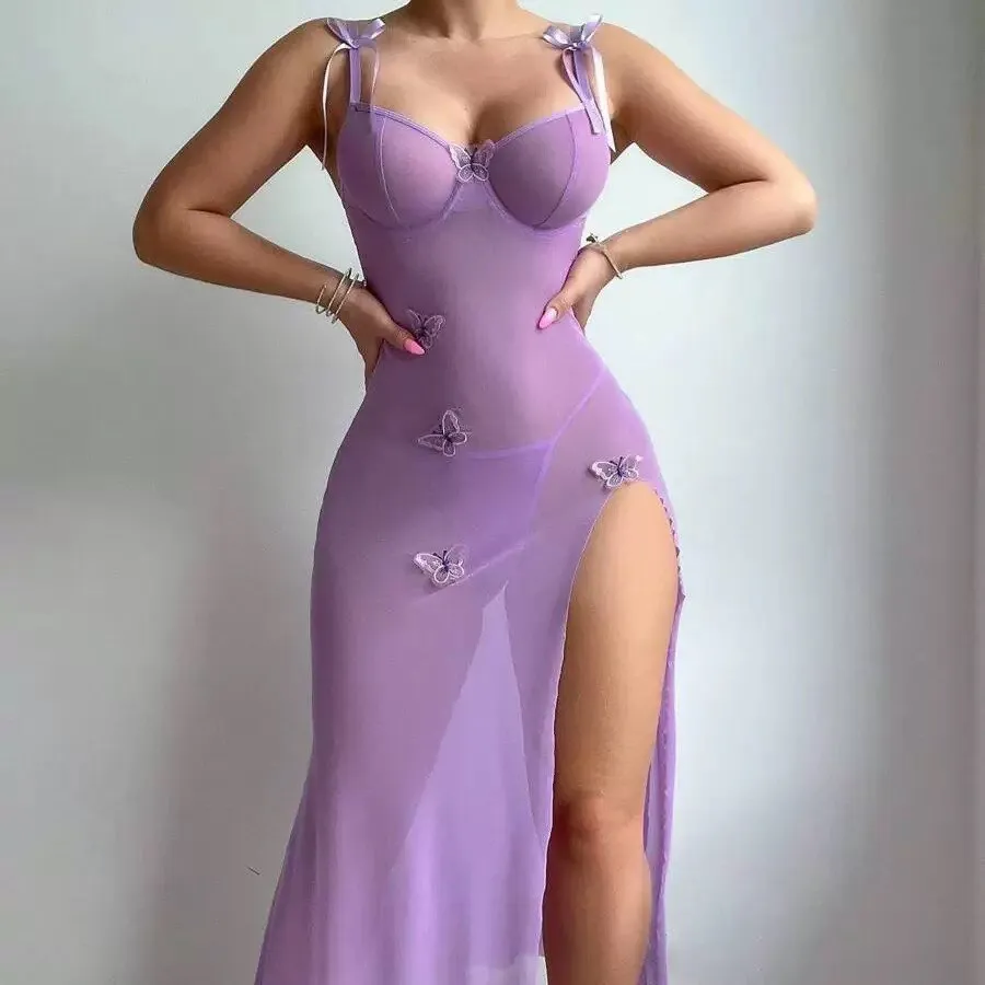 Mesh Long Nightwear with Butterfly Embroidery Split Lingerie Dress