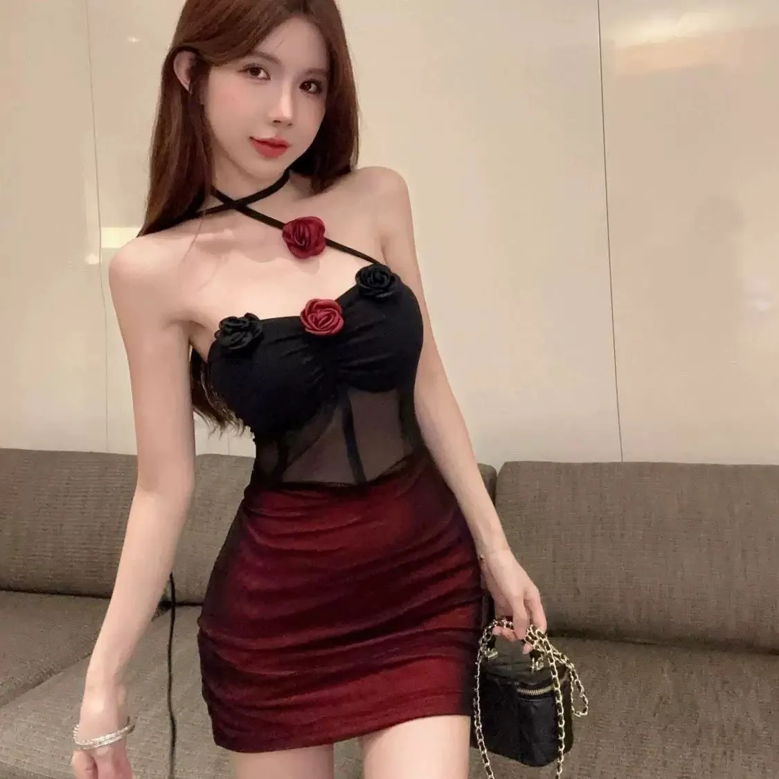 mesh floral backless halter bodycon nightdress