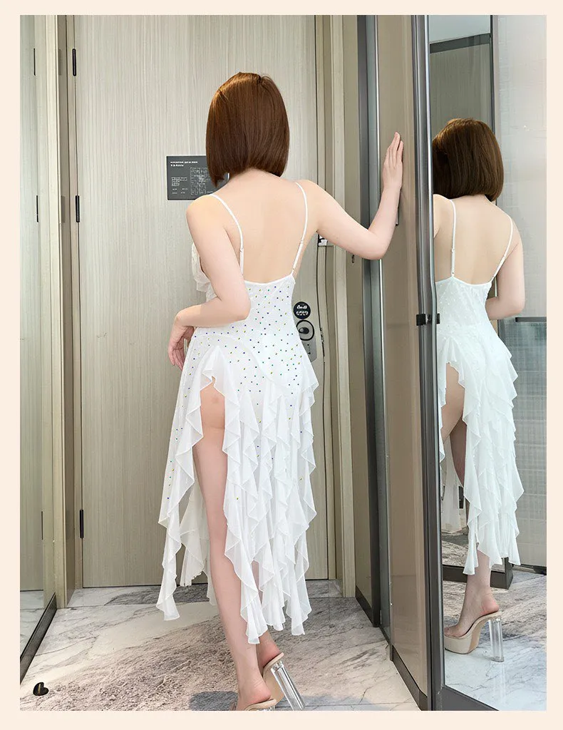 mesh v neck pearl spaghetti strap backless bodycon nightgown