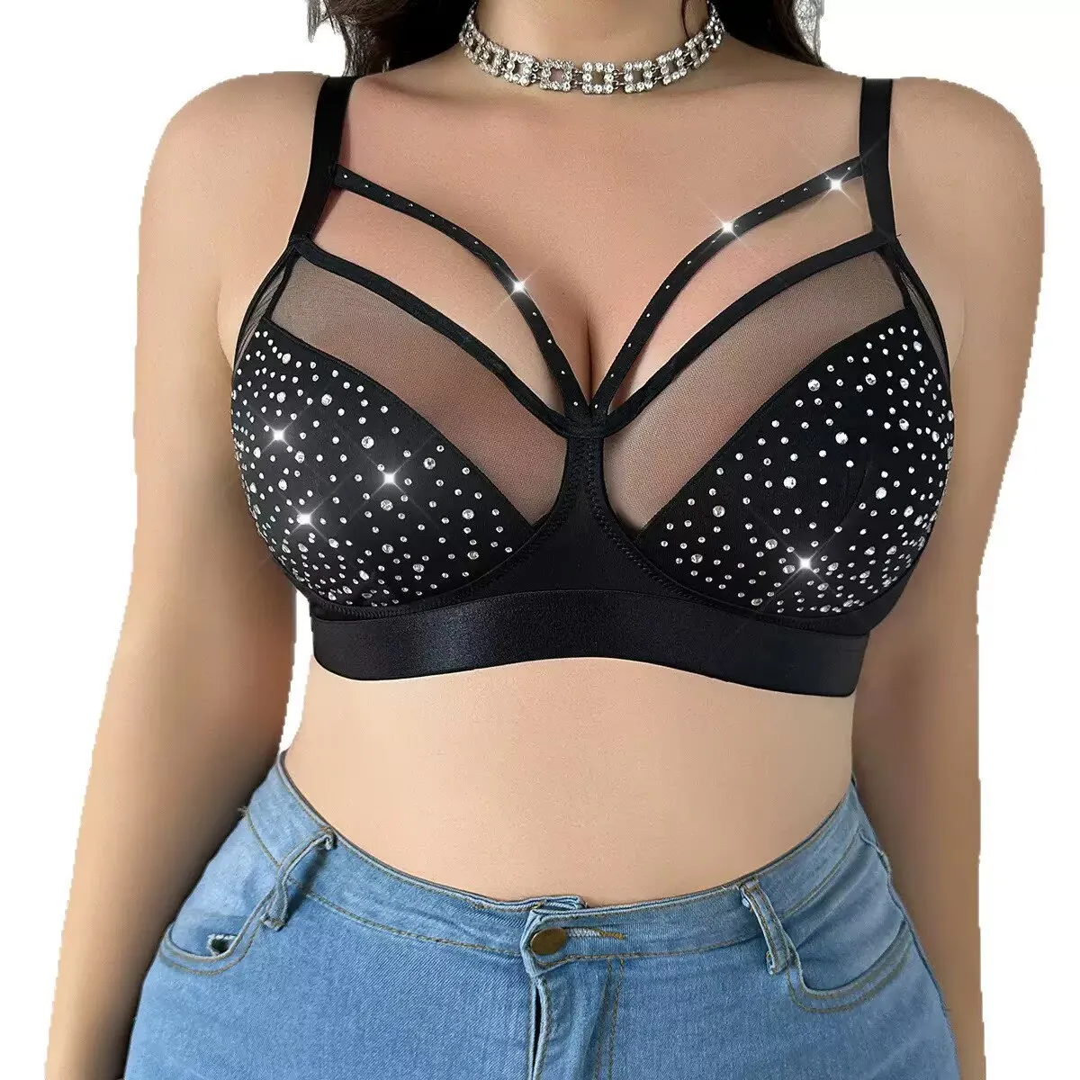Criss-Cross Straps Sheer Mesh Rhinestone Bra