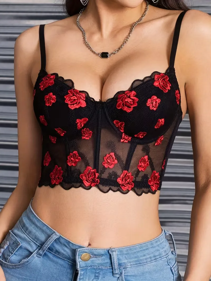 lace embroidered mesh corset bra for nightwear