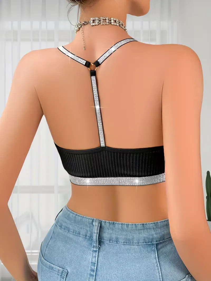 Cami Shiny Floral Crop Tops Lace Bralette Glitter Strap Bra