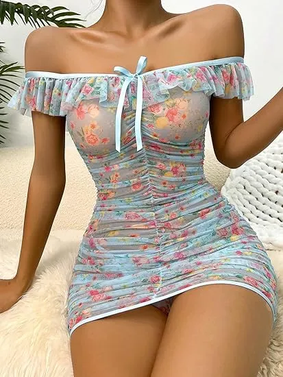 Floral Print Sheer Mesh Babydoll Lingerie nightdress
