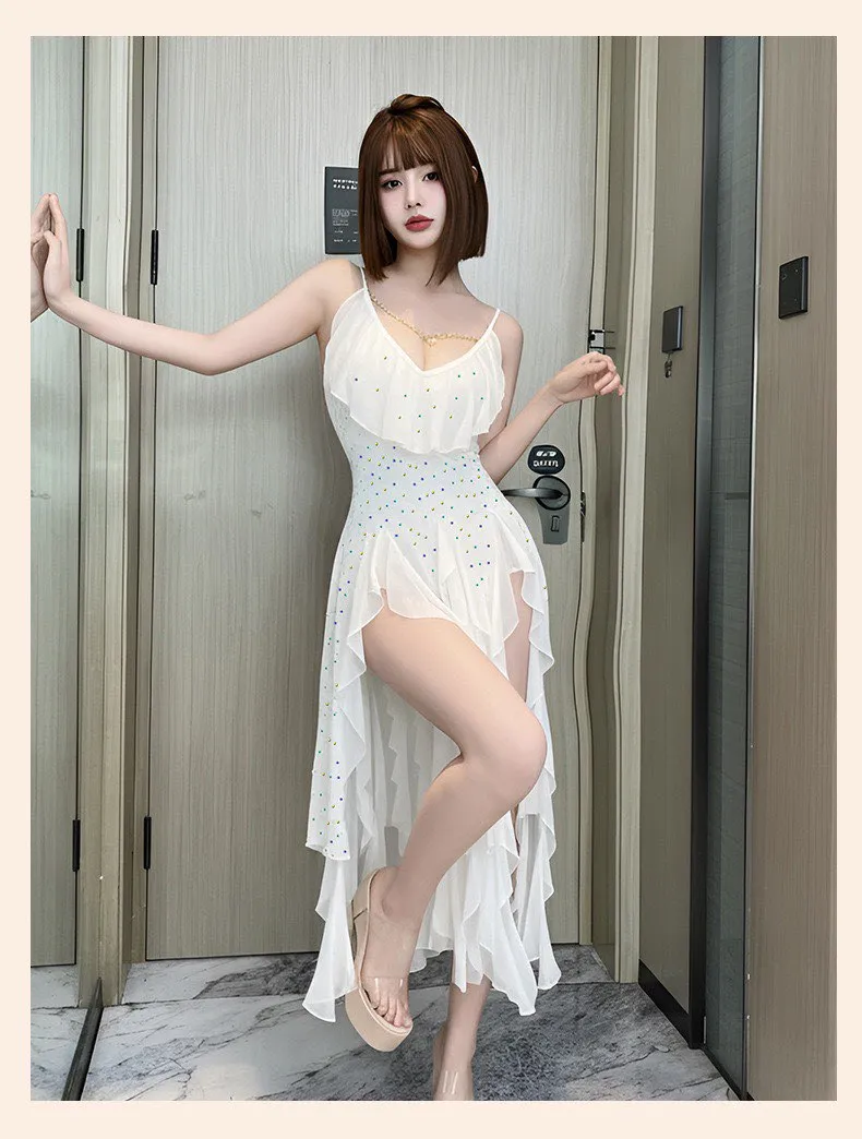 mesh v neck pearl spaghetti strap backless bodycon nightgown