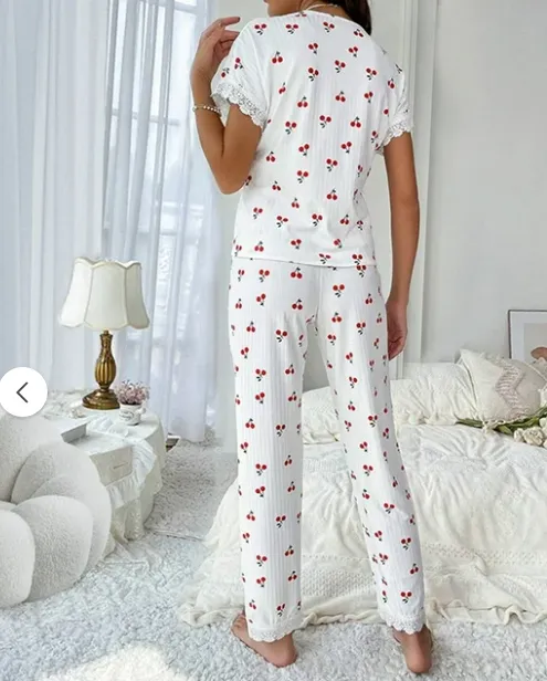 women printed short sleeve lace pajama set