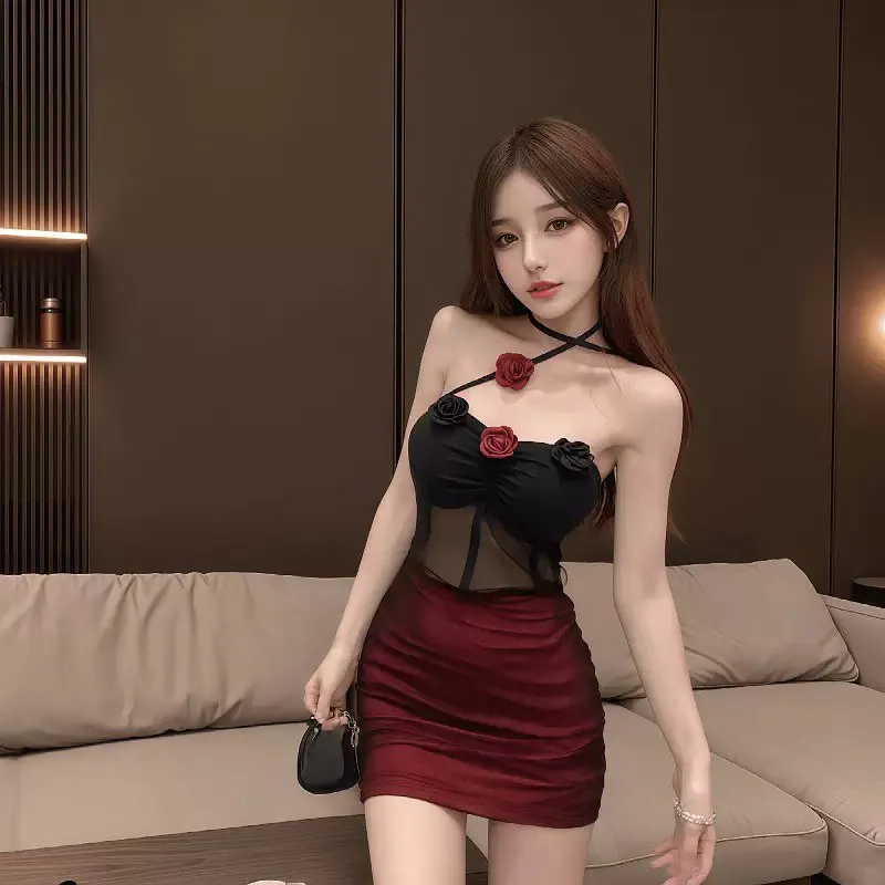 mesh floral backless halter bodycon nightdress