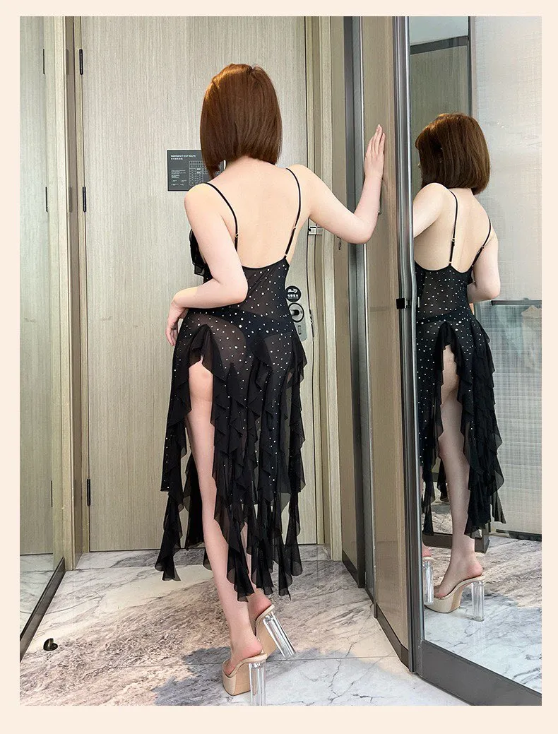 mesh v neck pearl spaghetti strap backless bodycon nightgown