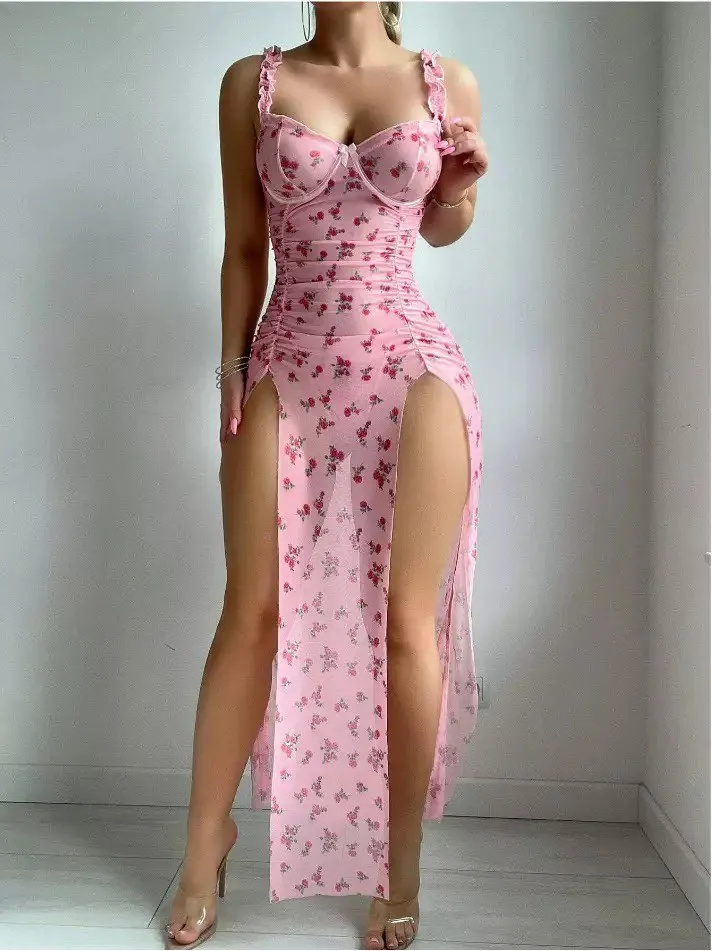 mesh printed spaghetti strap split maxi nightgown