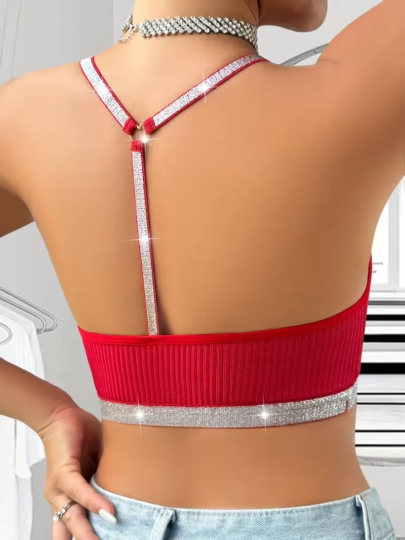 Cami Shiny Floral Crop Tops Lace Bralette Glitter Strap Bra