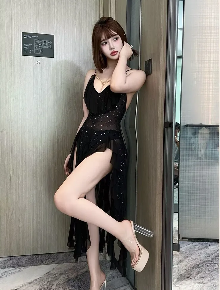 mesh v neck pearl spaghetti strap backless bodycon nightgown