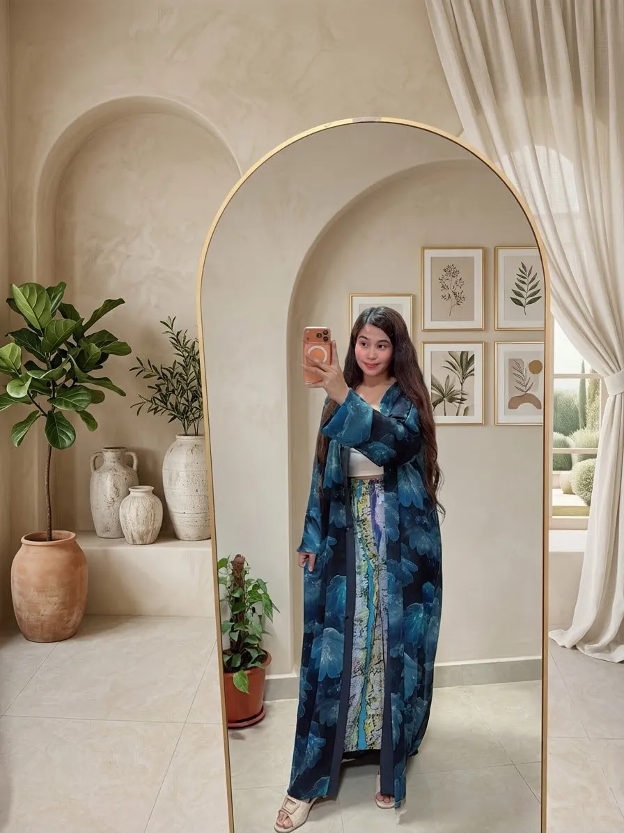 Azure Blossom Single-Piece Printed Abaya with Matching Scarf