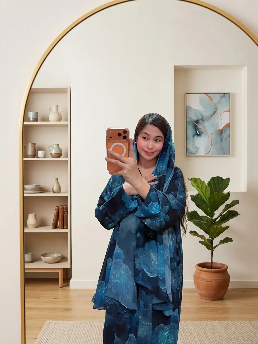 Azure Blossom Single-Piece Printed Abaya with Matching Scarf