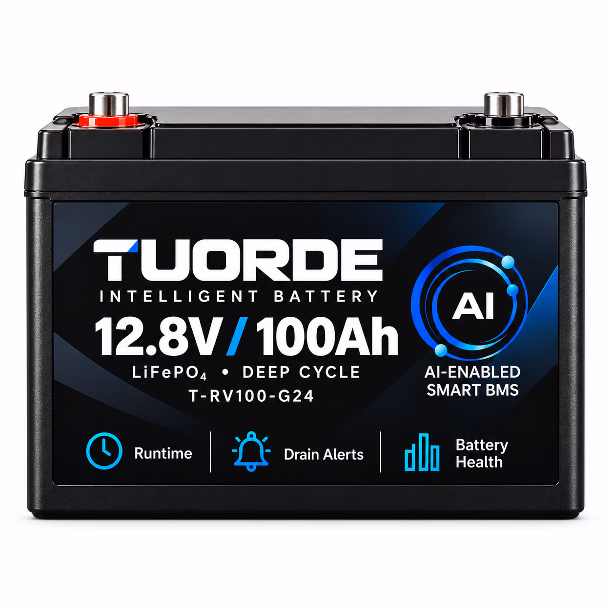 TUORDE 12.8V 100Ah Group 24 Smart LiFePO4 RV battery for compact camper van and travel trailer house power