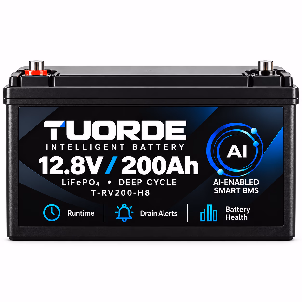 TUORDE 12.8V 200Ah H8 Smart LiFePO4 RV battery for motorhome and caravan house power applications