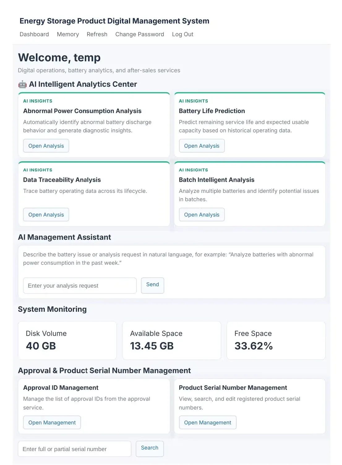 TUORDE battery AI analytics platform showing abnormal power consumption analysis, battery life prediction, data traceability and batch analysis
