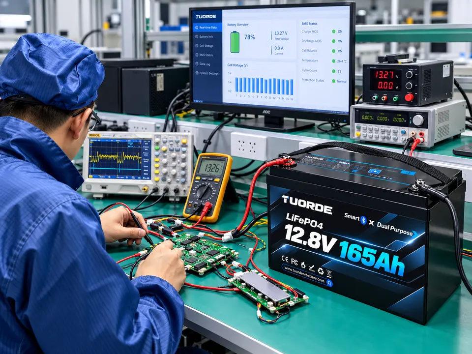OEM ODM LiFePO4 Battery Engineering and Smart BMS Development Illustration of a TUORDE 12.8V 165Ah LiFePO4 battery and BMS electronics on a laboratory test bench