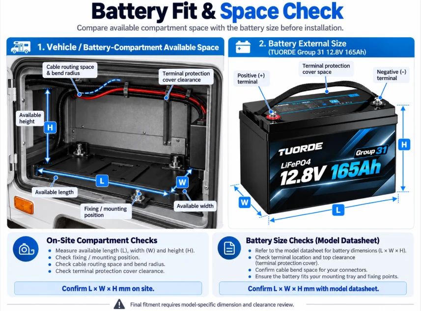 RV battery compartment fit check showing length, width, height, mounting and cable clearance beside a TUORDE Group 31 battery.