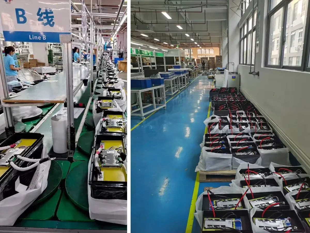 Two photographs showing battery pack assembly and production areas at TUORDE