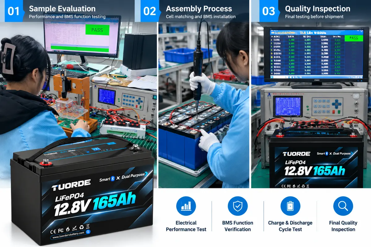 OEM Lithium Battery Sample Evaluation Assembly and Quality Inspection Workflow Illustrated OEM lithium battery workflow showing sample evaluation, cell assembly and final quality inspection with a TUORDE 165Ah battery