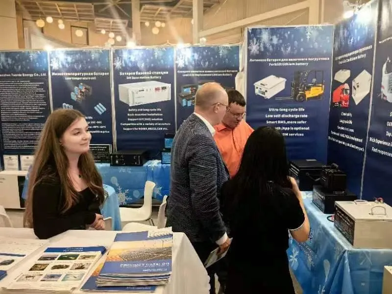 TUORDE team meeting visitors beside battery displays in Turkmenistan