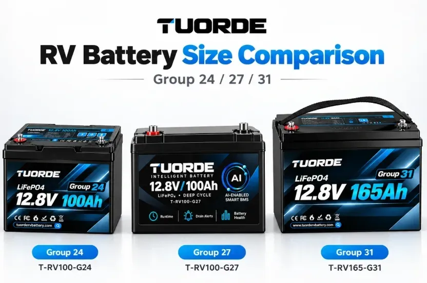 TUORDE Group 24, Group 27 and Group 31 RV lithium battery platforms shown side by side.