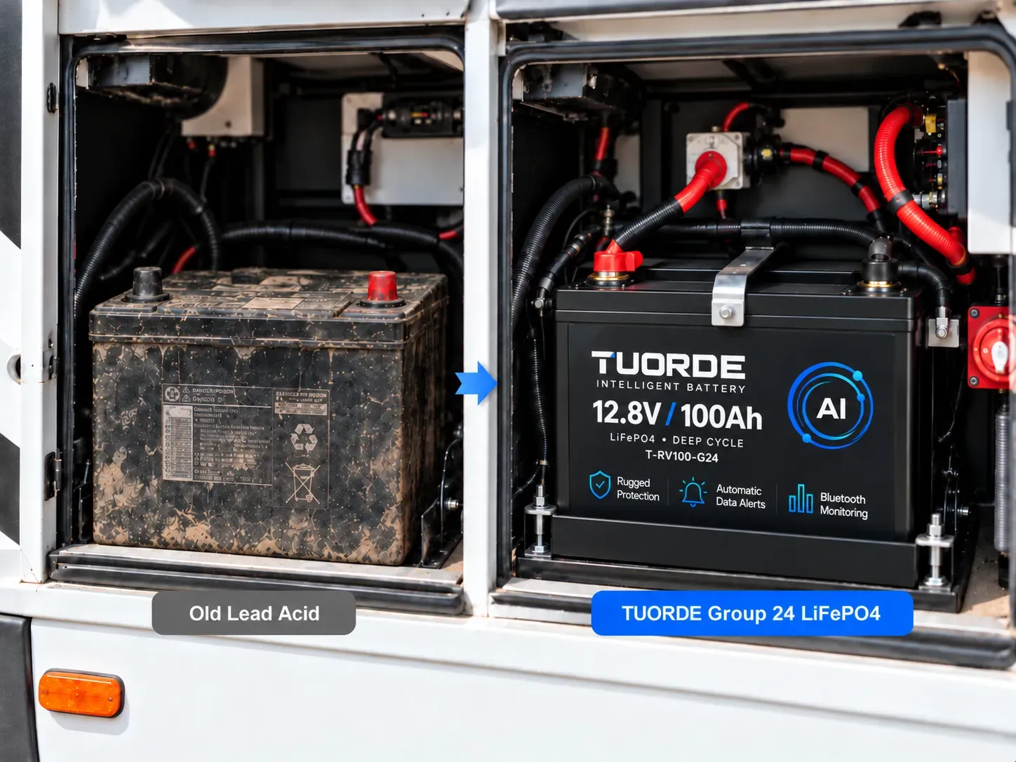 TUORDE Group 24 RV battery replacement showing old lead acid battery upgraded to 12V LiFePO4 lithium battery installation