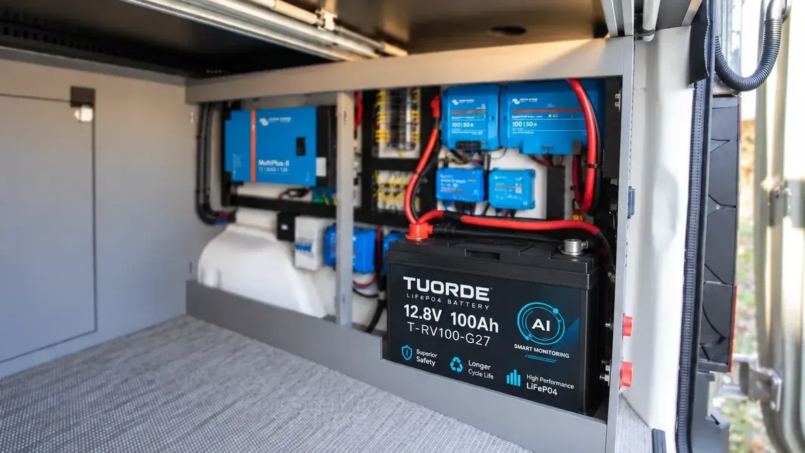 Group 27 Lithium Battery For RV Applications | TUORDE TUORDE Group 27 lithium battery installed in RV battery compartment showing 12V LiFePO4 deep cycle power system for camper van and motorhome applications
