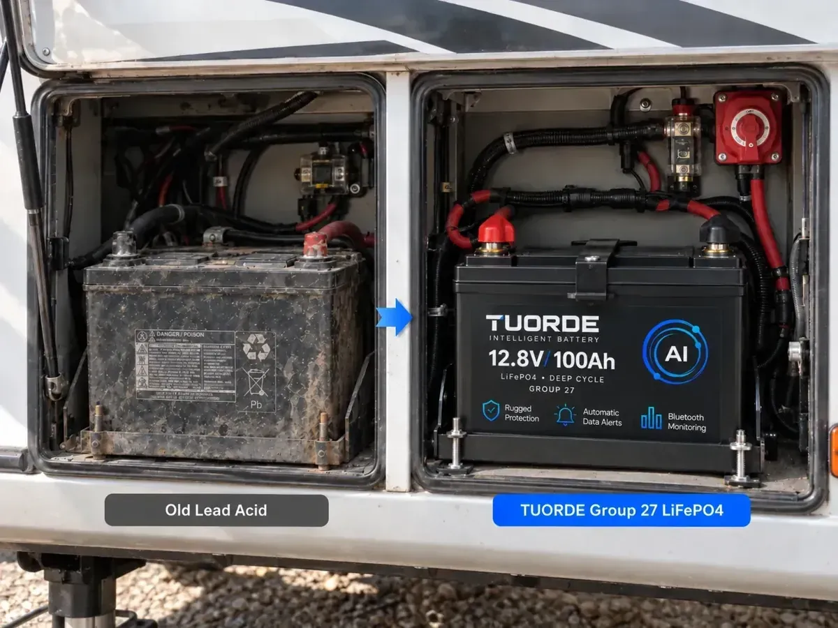 Group 27 RV Battery Replacement With LiFePO4 Upgrade | TUORDE TUORDE Group 27 RV battery replacement showing old lead acid battery upgraded to 12V LiFePO4 lithium battery installation
