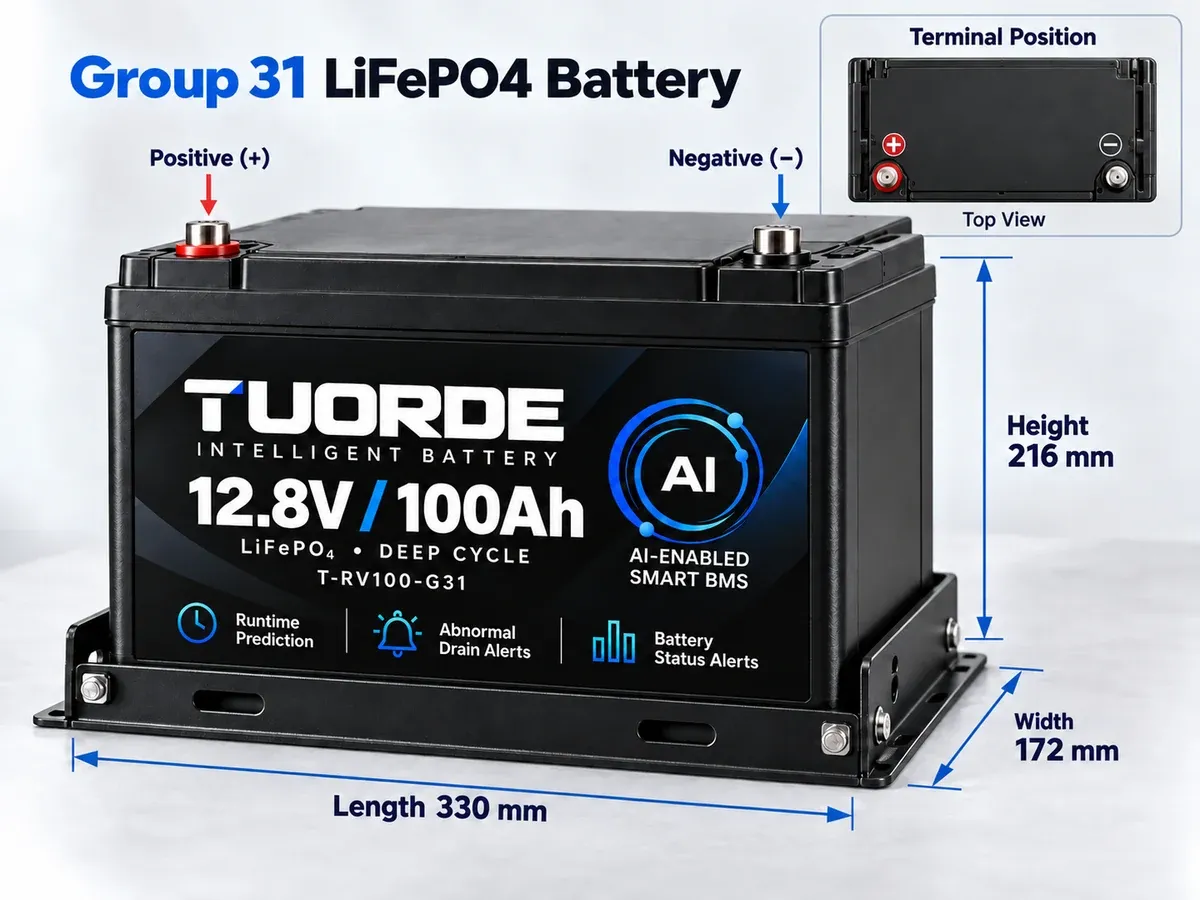 TUORDE Group 31 12.8V 100Ah LiFePO4 battery dimensions showing 330 mm length 172 mm width 216 mm height and terminal positions