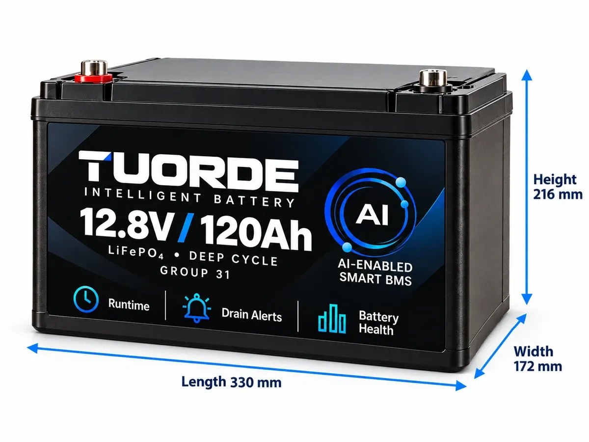 TUORDE Group 31 12.8V 120Ah LiFePO4 battery dimension guide showing 330 mm length 172 mm width and 216 mm height for RV installation planning
