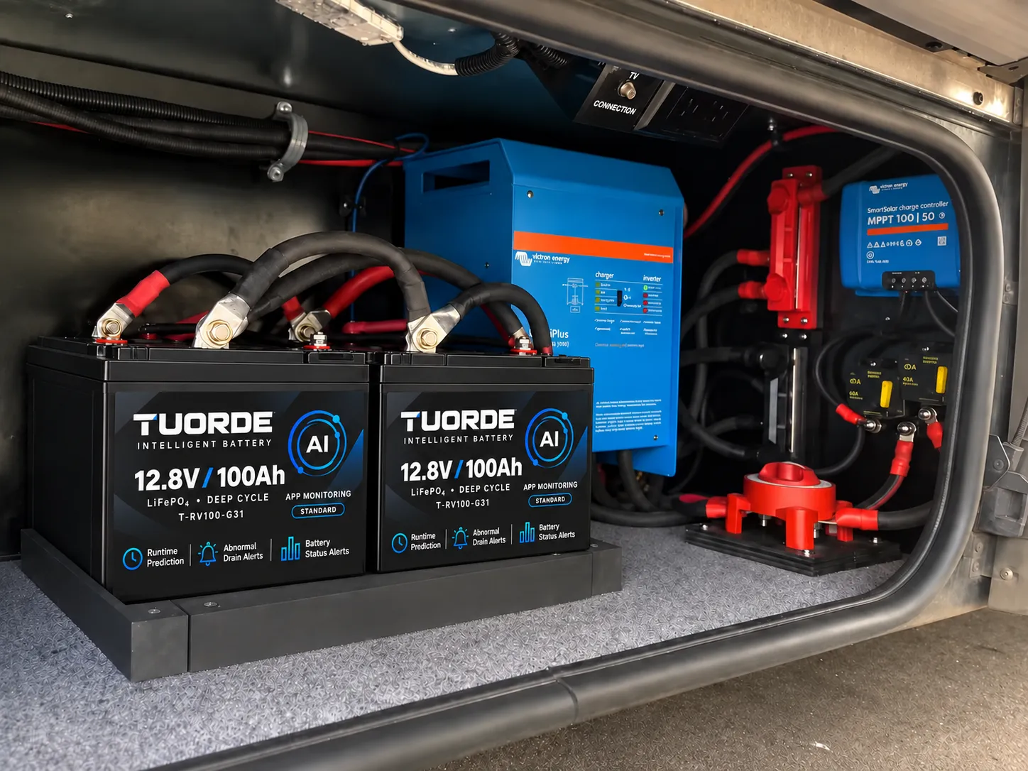 Group 31 RV Lithium House Battery Installation & Lead-Acid Replacement | TUORDE TUORDE Group 31 12.8V 100Ah LiFePO4 RV house batteries in a compartment with inverter charger and solar charge controller, application illustration