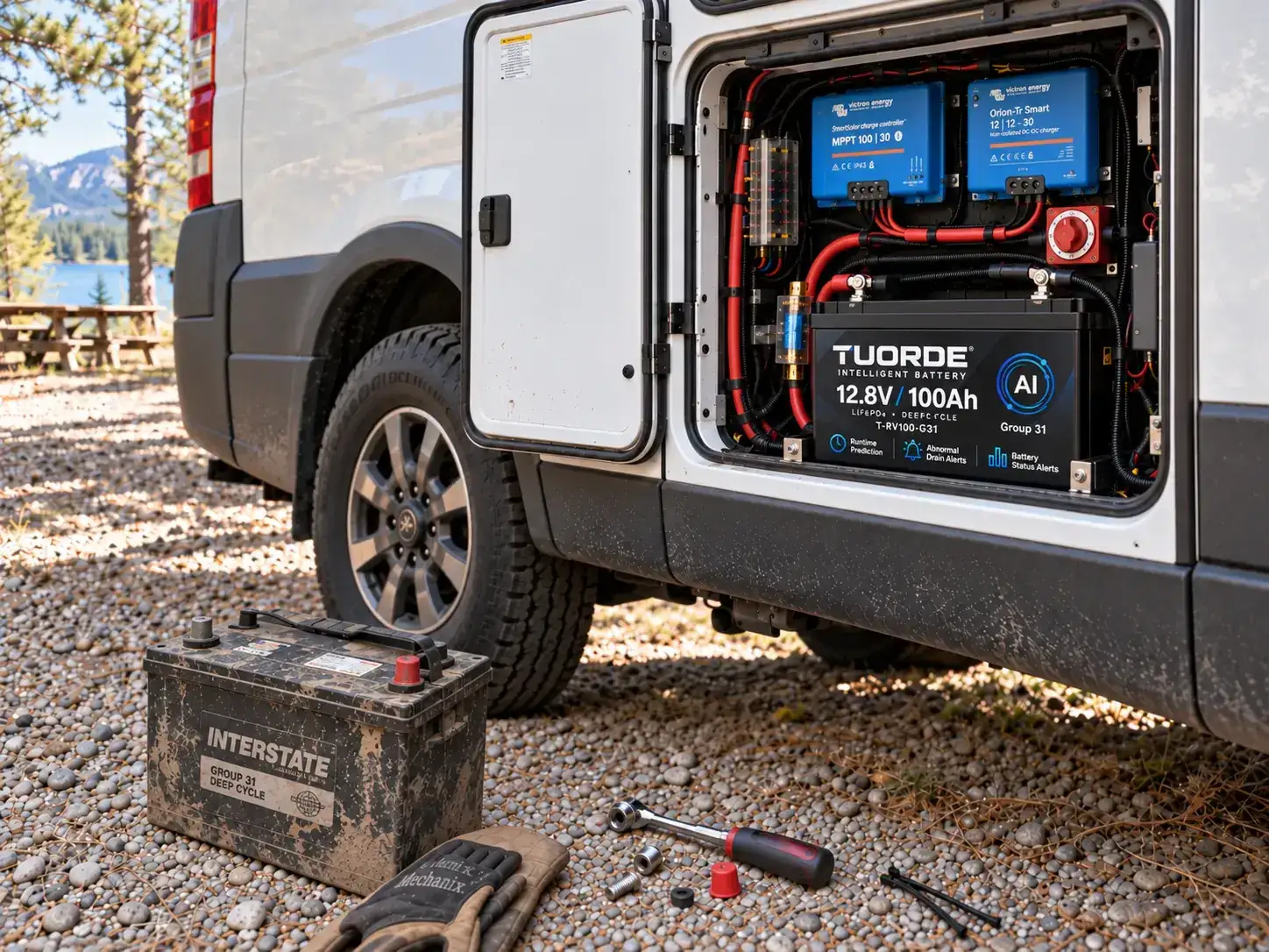 TUORDE Group 31 RV battery replacement showing old lead acid battery removal and installed 12V LiFePO4 lithium upgrade system