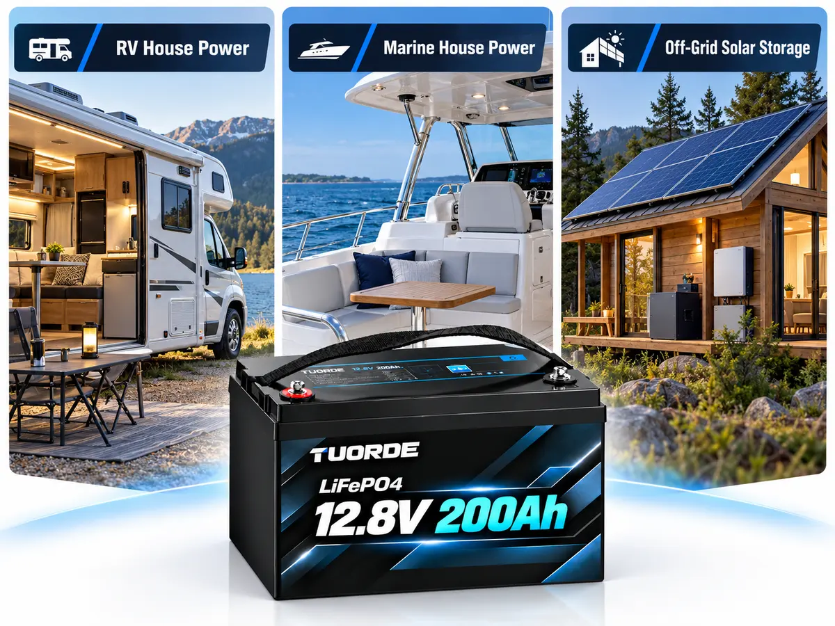 TUORDE LiFePO4 lead-acid replacement battery with RV house power, marine house power and off-grid solar applications.