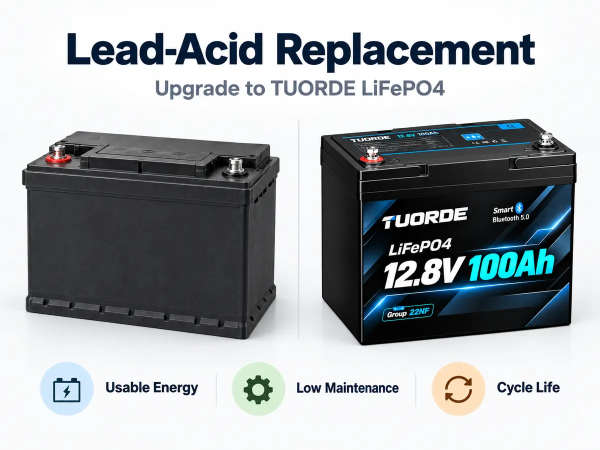 Lead-acid battery beside a TUORDE 12.8V 100Ah LiFePO4 battery for deep-cycle battery replacement comparison.