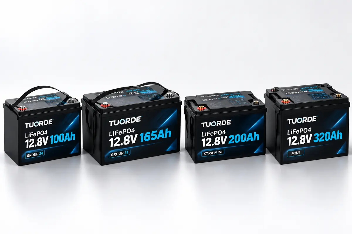 Custom LiFePO4 Battery Housing Options for OEM and Private Label Projects TUORDE 12.8V battery housing lineup labelled 100Ah Group 24, 165Ah Group 31, 200Ah Xtra Mini and 320Ah Mini