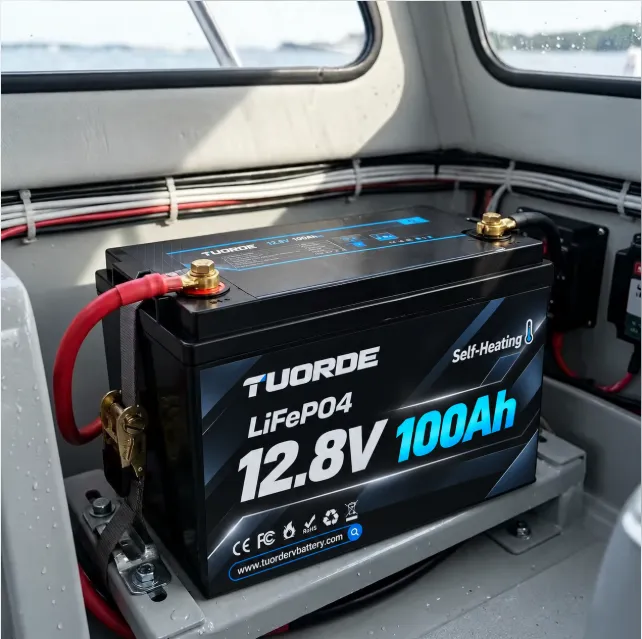 Marine Lithium House-Power Battery Compartment Integration | TUORDE Marine lithium house-power battery secured in a boat compartment with terminal cables