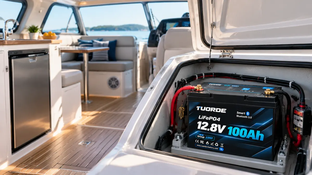 Marine house power illustration showing a TUORDE 12.8V 100Ah LiFePO4 battery in a boat compartment beside cabin appliances.