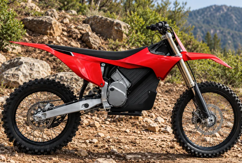 MT100 Electric Motorcycle Battery Application | TUORDE Red off-road electric motorcycle on rocky terrain