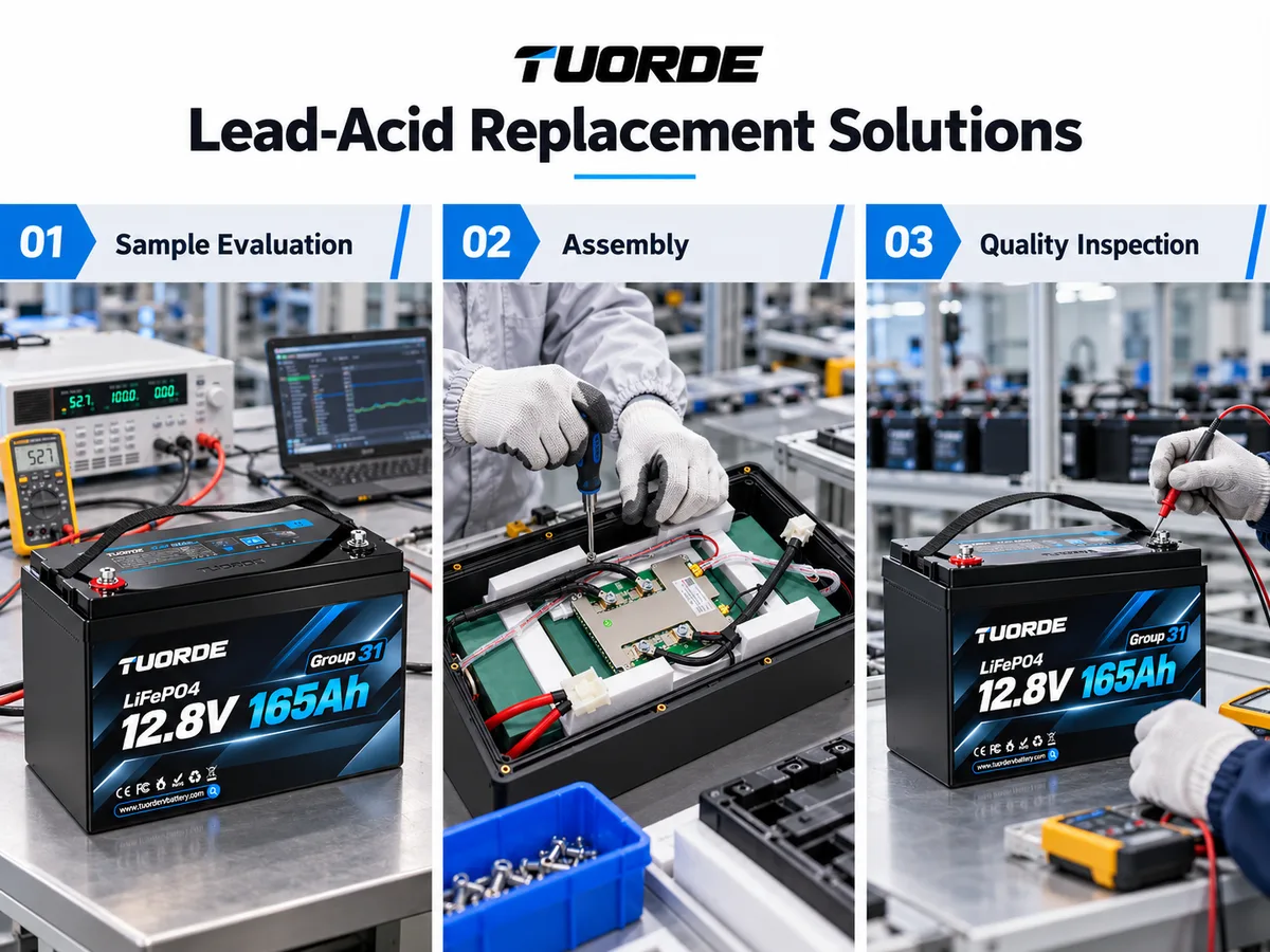 Illustrated OEM LiFePO4 battery workflow showing sample evaluation, battery assembly and quality inspection.