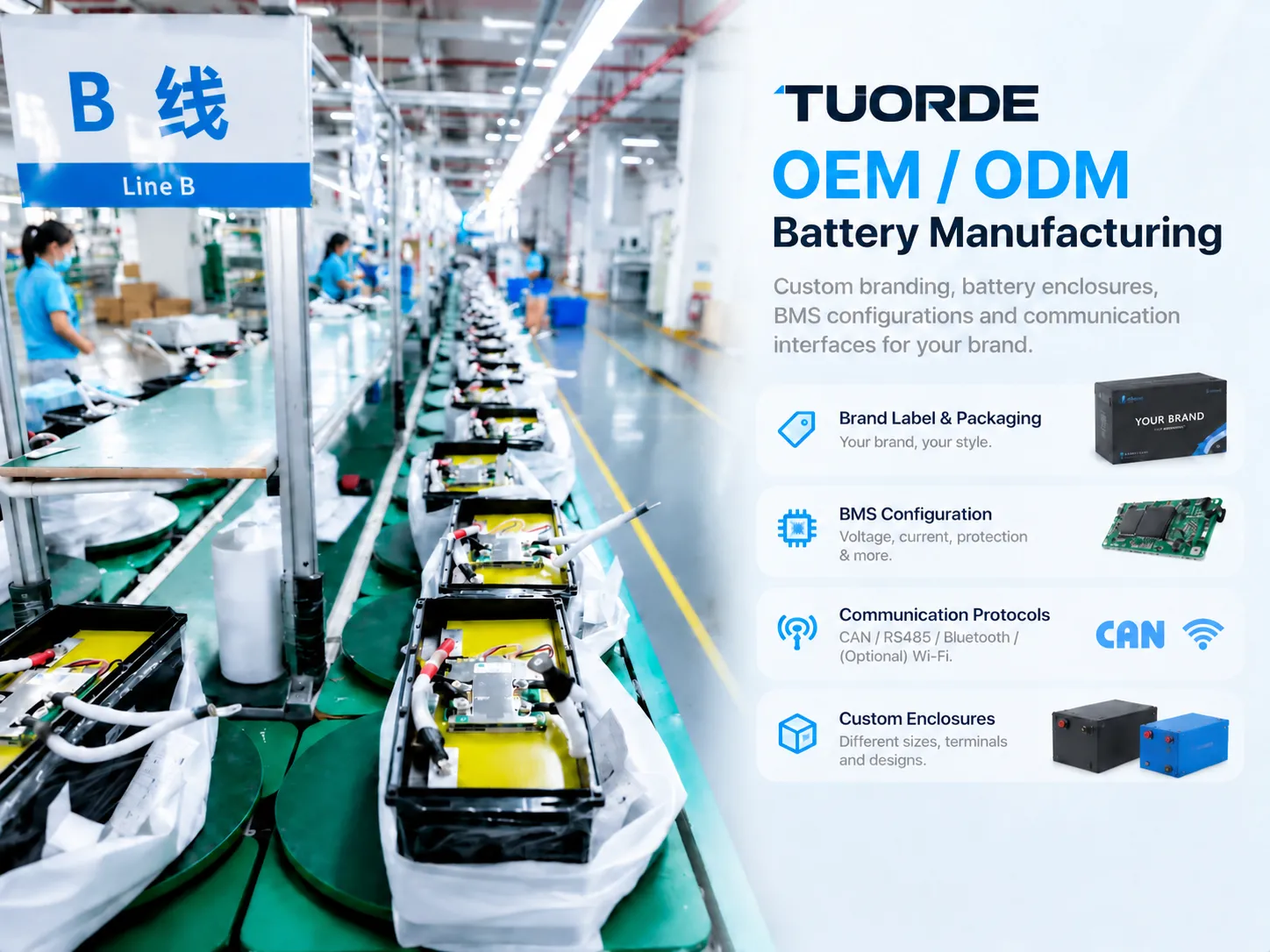 TUORDE RV LiFePO4 battery OEM ODM manufacturing overview with private label packaging, BMS configuration, communication interfaces and custom enclosures
