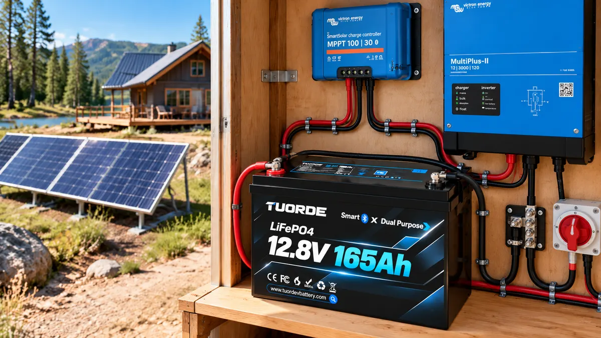 Off-grid solar storage illustration showing a TUORDE 12.8V 165Ah LiFePO4 battery, charge controller, inverter and solar-powered cabin.