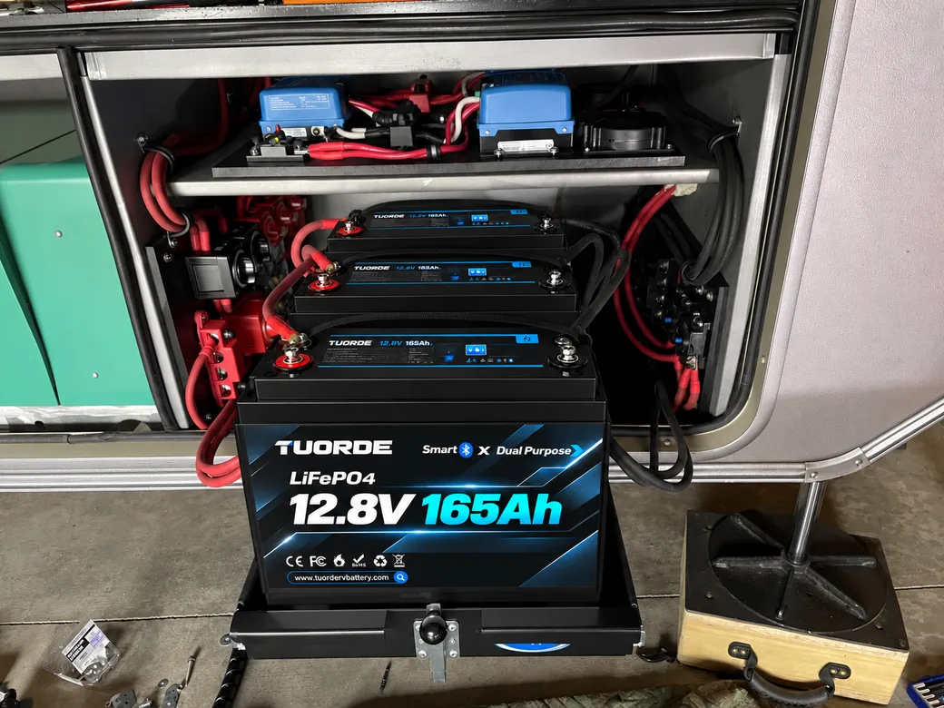 RV Lithium House Battery Compartment Installation Reference | TUORDE TUORDE lithium batteries in an RV battery compartment with power cables and service access