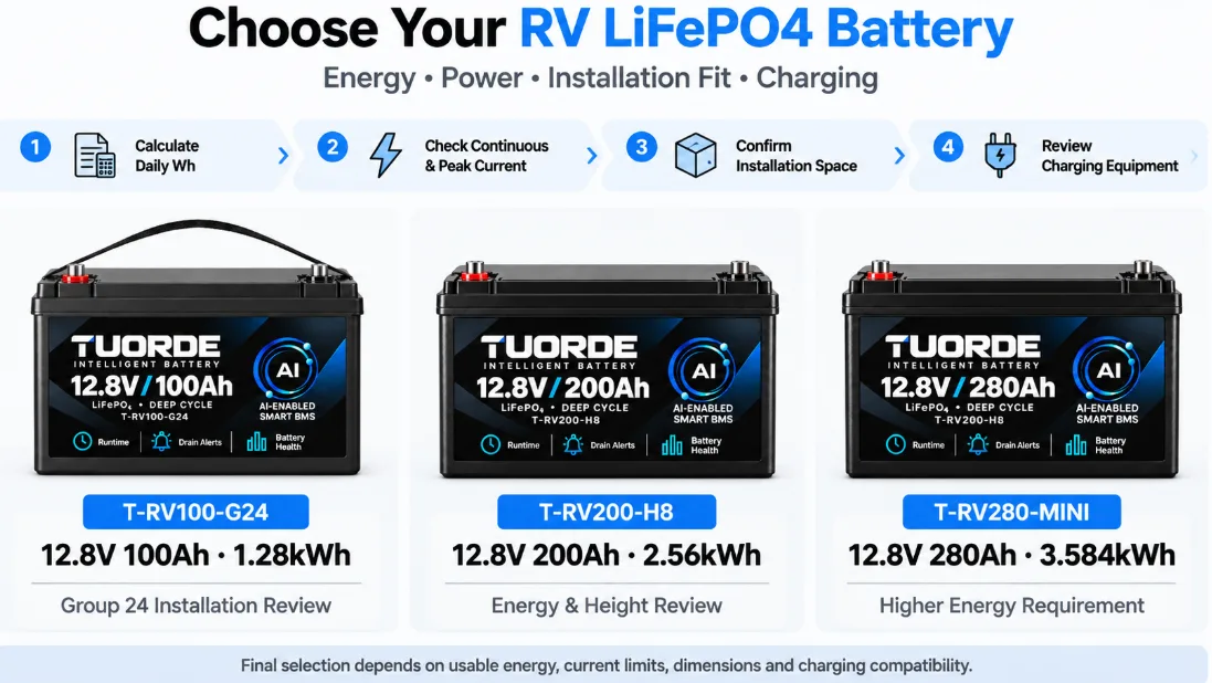 TUORDE RV LiFePO4 battery selection guide comparing 12.8V 100Ah, 200Ah and 280Ah platforms by energy, power, installation fit and charging