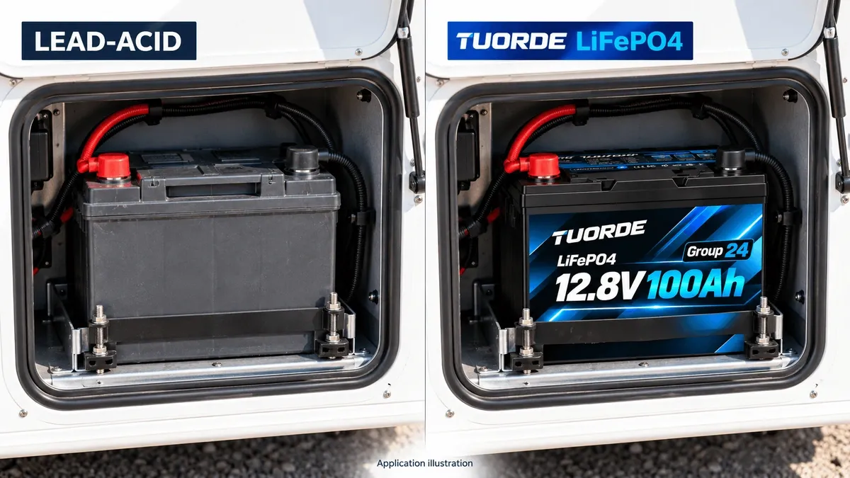 Lead-acid and TUORDE Group 24 LiFePO4 batteries compared in the same RV battery compartment, application illustration.