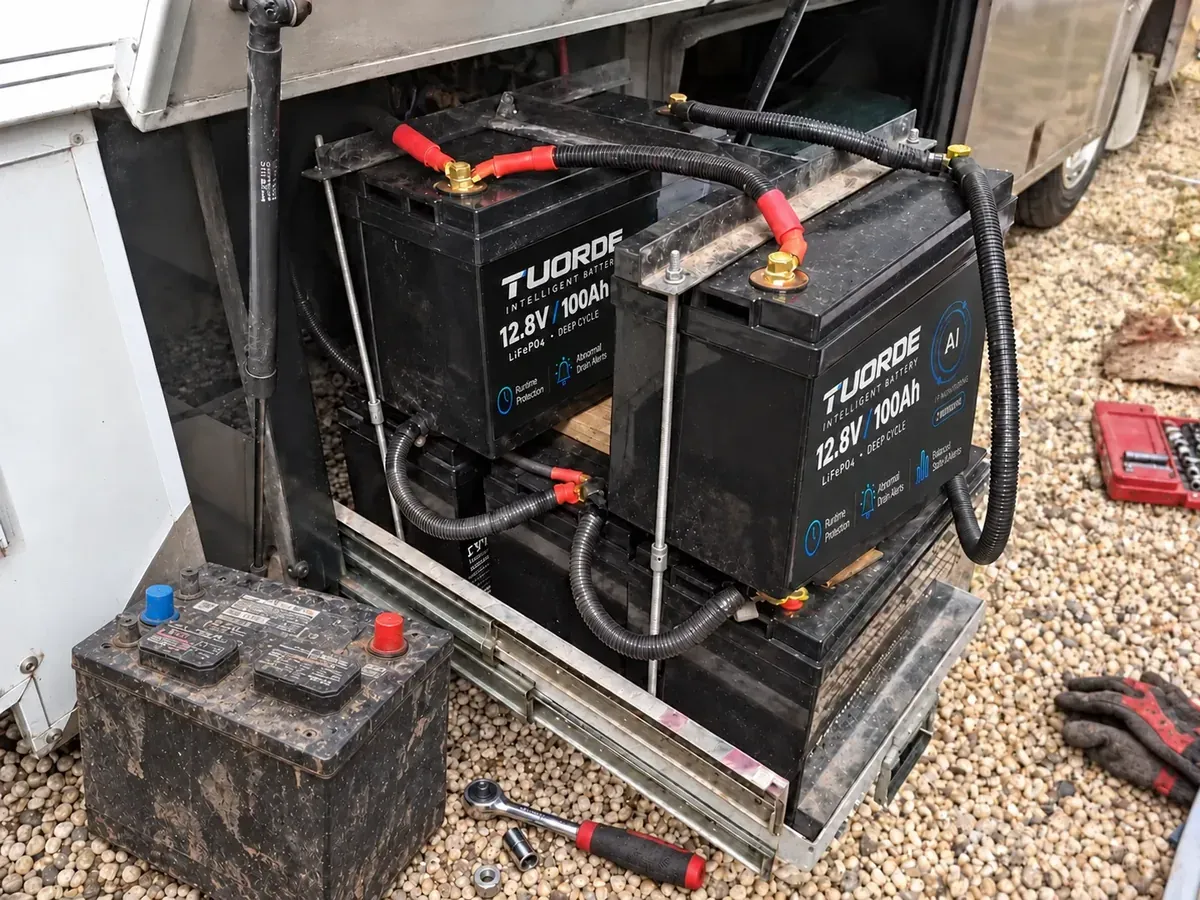 Illustration of TUORDE batteries arranged in an RV battery compartment