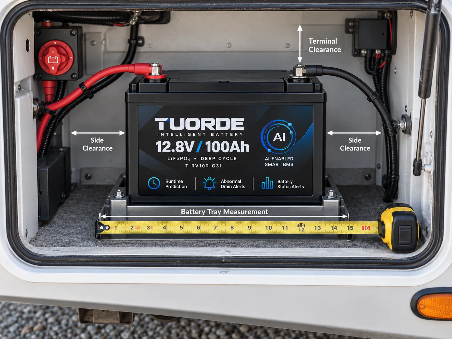 TUORDE 12V 100Ah LiFePO4 battery installed in an RV battery compartment showing mounting tray terminal clearance cable routing and installation space